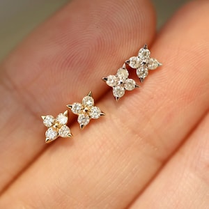 Natural Diamond Earrings 18K Solid Gold Earrings Natural Diamond Clover Earrings Dainty Clover Stud Earrings for Women Gift for Her
