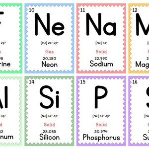 Puede incluir: Ocho tarjetas coloridas de la tabla peri&oacute;dica. Cada tarjeta muestra el s&iacute;mbolo, el n&uacute;mero at&oacute;mico, el estado, la masa at&oacute;mica y el nombre de un elemento. Los elementos incluyen fl&uacute;or, ne&oacute;n, sodio, magnesio, aluminio, silicio, f&oacute;sforo y azufre.