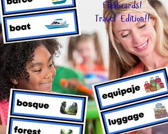 Tarjetas de vocabulario imprimibles para viajes en español – 50 tarjetas – PDF para principiantes en el aprendizaje de idiomas para niños y adultos