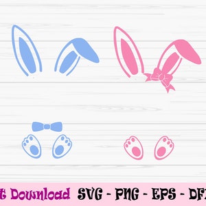 Puede incluir: Un diseño digital que presenta dos pares de orejas de conejo, una azul y otra rosa, con un lazo en el par rosa. Debajo de las orejas, dos pares de patas de conejo, una azul y otra rosa.