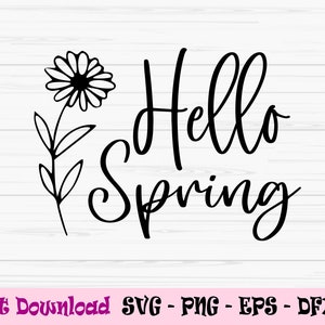 May include: Black and white graphic design with a stylized flower and the text "Hello Spring".