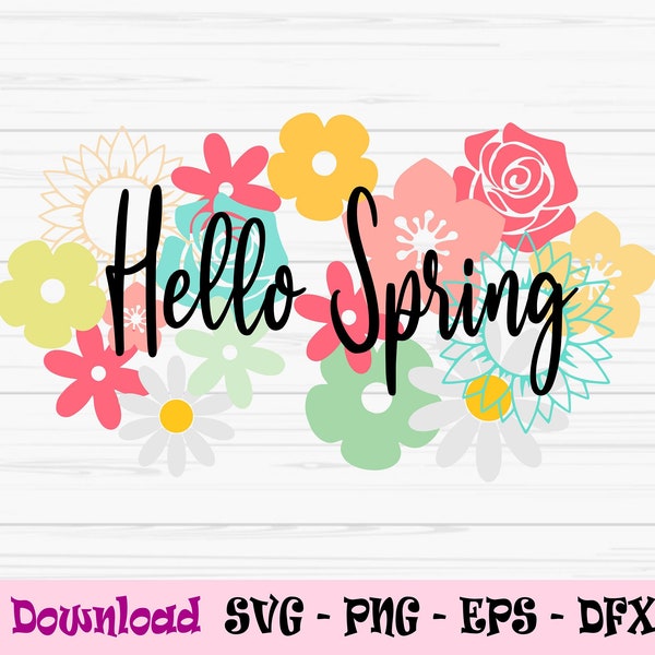 hello spring svg, spring svg, spring sign svg, flowers svg, Dxf, Png, Eps, jpeg, Cut file, Cricut, Silhouette, Print, Instant download