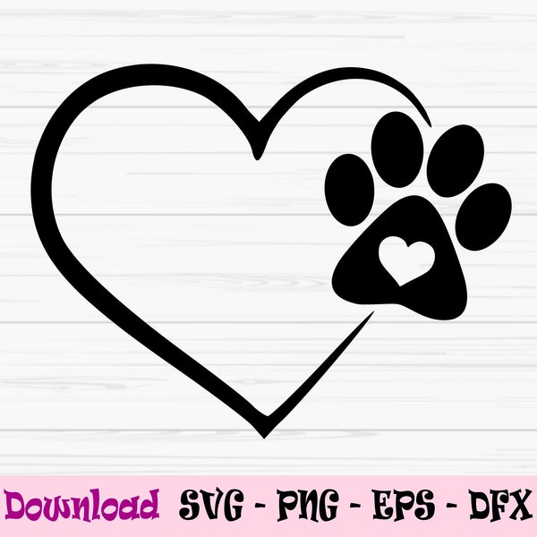 Paw print heart svg, dog paw heart svg, cat paw heart svg, Dxf, Png, Eps, Jpeg, Cut file, Cricut, Silhouette, Print, Instant download