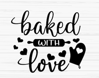 Puede incluir: Diseño gráfico en blanco y negro con el texto "baked with love" y un rodillo y un guante de horno. Hay corazones esparcidos alrededor del texto.