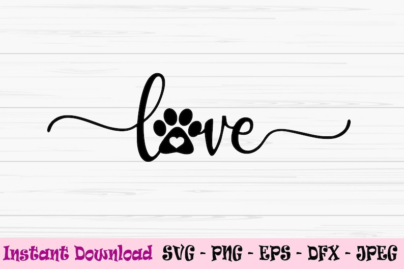 Op de afbeelding: Zwart-wit grafisch ontwerp van het woord "love" met een pootprint in het midden van de "o". De pootprint heeft een klein hart in het midden.