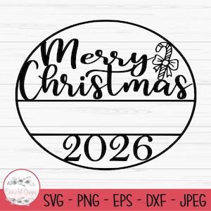vrolijk kerstfeest 2026 svg, kerstversiering teken, gesplitste naam monogram, png, bestand knippen, afdrukken, instant download
