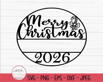 vrolijk kerstfeest 2026 svg, kerstversiering teken, gesplitste naam monogram, png, bestand knippen, afdrukken, instant download