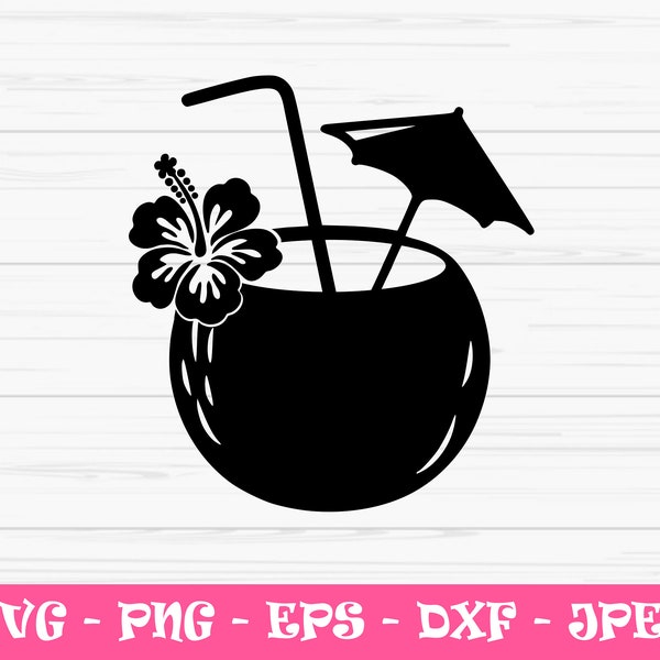 cocktail de noix de coco svg, svg d’été, boisson à la noix de coco svg, Dxf, Png, Eps, jpeg, Fichier coupé, Cricut, Silhouette, Imprimer, Téléchargement instantané