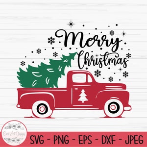 May include: Red pickup truck with a green Christmas tree in the bed. The truck has a white star on the side and the text "Merry Christmas" with snowflakes above the truck.
