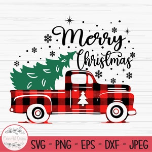 May include: Red and black buffalo plaid pickup truck carrying a green Christmas tree with the text "Merry Christmas" in black script with snowflakes.