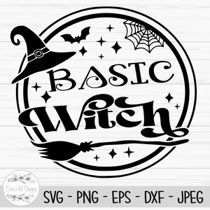 May include: Black and white graphic design of a witch's hat, broom, spider web, and stars in a circle with the text "BASIC WITCH".