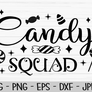 May include: Black and white graphic design with the text "Candy Squad" and various candy images.