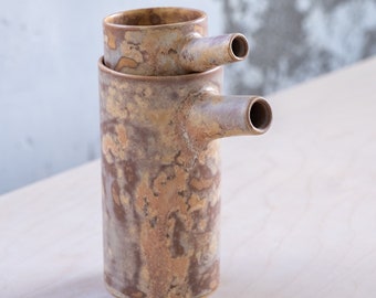 In STOCK SET of TWO jugs/pitchers on rusty brown, handmade, wheel thrown, stoneware, ceramic, contemporary, minimalist.