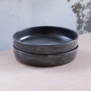 To ORDER SET of TWO white flat bowls. Wheel thrown, stoneware, pottery, handmade pottery, ceramics, clay, tableware, minimalism. Black