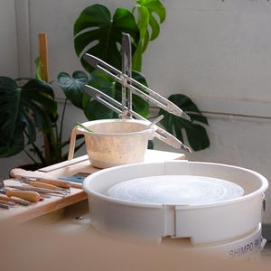 Puede incluir: Un estudio de cerámica con un torno de alfarero blanco Shimpo RK-3E, un cuenco pequeño y varias herramientas. La escena incluye una tabla de madera con herramientas y una planta verde frondosa en el fondo. El estudio tiene luz natural brillante.