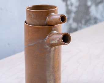 In STOCK SET of TWO jugs/pitchers on brown, handmade, wheel thrown, stoneware, ceramic, contemporary, minimalist.