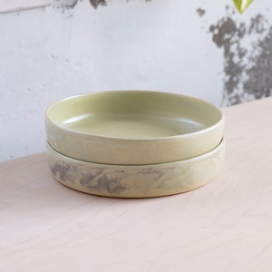 To ORDER SET of TWO white flat bowls. Wheel thrown, stoneware, pottery, handmade pottery, ceramics, clay, tableware, minimalism. Green