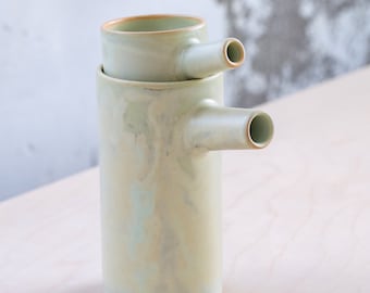 In STOCK SET of TWO jugs/pitchers on green, handmade, wheel thrown, stoneware, ceramic, contemporary, minimalist.