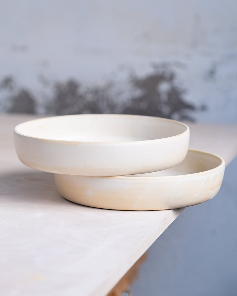 To ORDER SET of TWO white flat bowls. Wheel thrown, stoneware, pottery, handmade pottery, ceramics, clay, tableware, minimalism. White