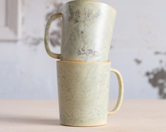 To ORDER SET of TWO 335ml/11,3oz coffee or tea mug/cup on green, handmade, wheel thrown, stoneware, ceramic.