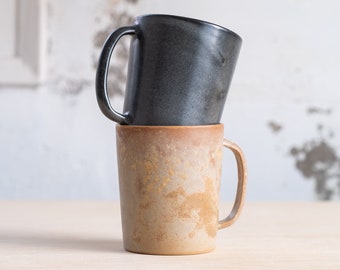 To ORDER SET of TWO 335ml/11,3oz coffee or tea mug/cup on black and rusty brown, handmade, wheel thrown, stoneware, ceramic.