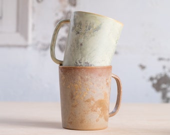 To ORDER SET of TWO 335ml/11,3oz coffee or tea mug/cup on green and rusty brown, handmade, wheel thrown, stoneware, ceramic.