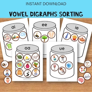 May include: Educational printable for vowel digraph sorting. The image displays cards with illustrations inside jars, including "ai", "ee", "ie", "oa", and "ue". Additional small illustrations are scattered around the cards. The text "INSTANT DOWNLOAD" and "VOWEL DIGRAPHS SORTING" are at the top.