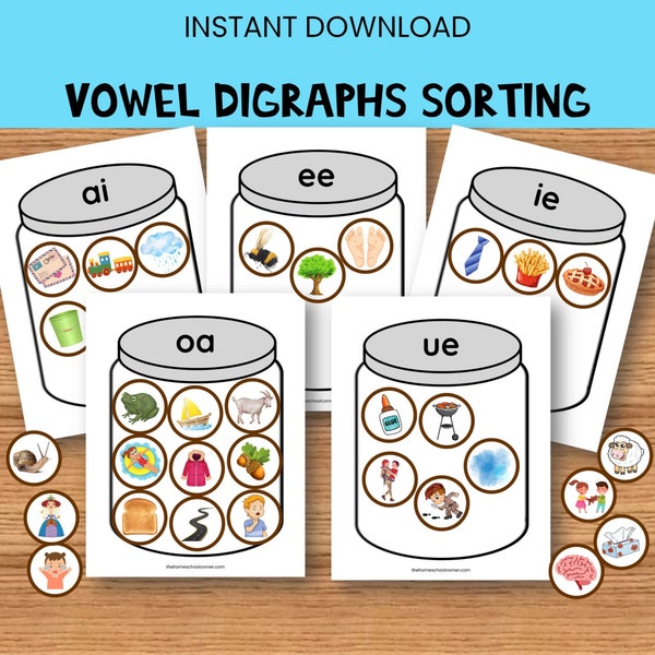 Vowel Digraph Sorting Activity Jars, Long Vowels ai ee ie oa ue, Vowel Teams, Phonics Sounds, Printable, Montessori, Homeschool Resources