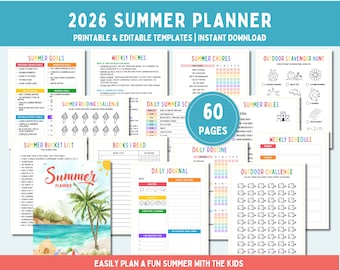 Sommerplaner 2026 Druckbares Sommerlager zu Hause Sommerplan für Kinder Sommeraktivitäten Bearbeitbarer Sommerplaner für Kinder 2026 Planer