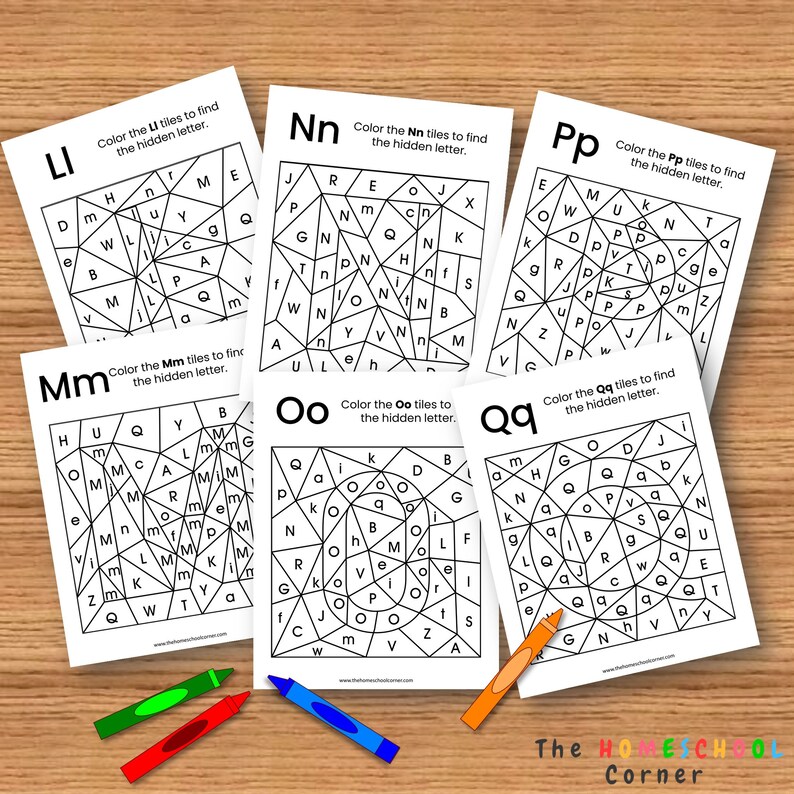 May include: A set of ten printable alphabet activity sheets for kids. Each sheet features a different letter of the alphabet and a hidden letter puzzle. The puzzles are designed to help children learn letter recognition and improve their fine motor skills.