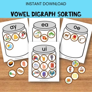 May include: A printable worksheet for sorting pictures by vowel digraphs. The worksheet features four jars with the digraphs 'ay', 'ea', 'oe', and 'ui' written on them. There are 16 pictures to sort into the jars.