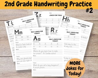 May include: A set of printable worksheets for 2nd grade handwriting practice. Each worksheet features a different letter of the alphabet and includes tracing lines and space for writing. The worksheets also include silly jokes for kids to read and write.