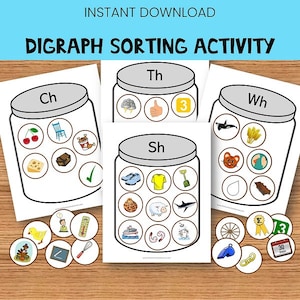 Digraph Sortieren Aktivitätsgläser, Anfangskonsonant Digraphen Sh Ch Th Wh, bedruckbar, Montessori, Homeschool Ressourcen, Kleinkind, Vorschule, ESL