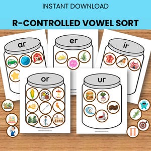 May include: Educational printable featuring vowel sorting activities. The image shows five cards labeled "ar", "er", "ir", "or", and "ur", each with corresponding picture cards inside a jar. The words "Instant Download" are at the top.
