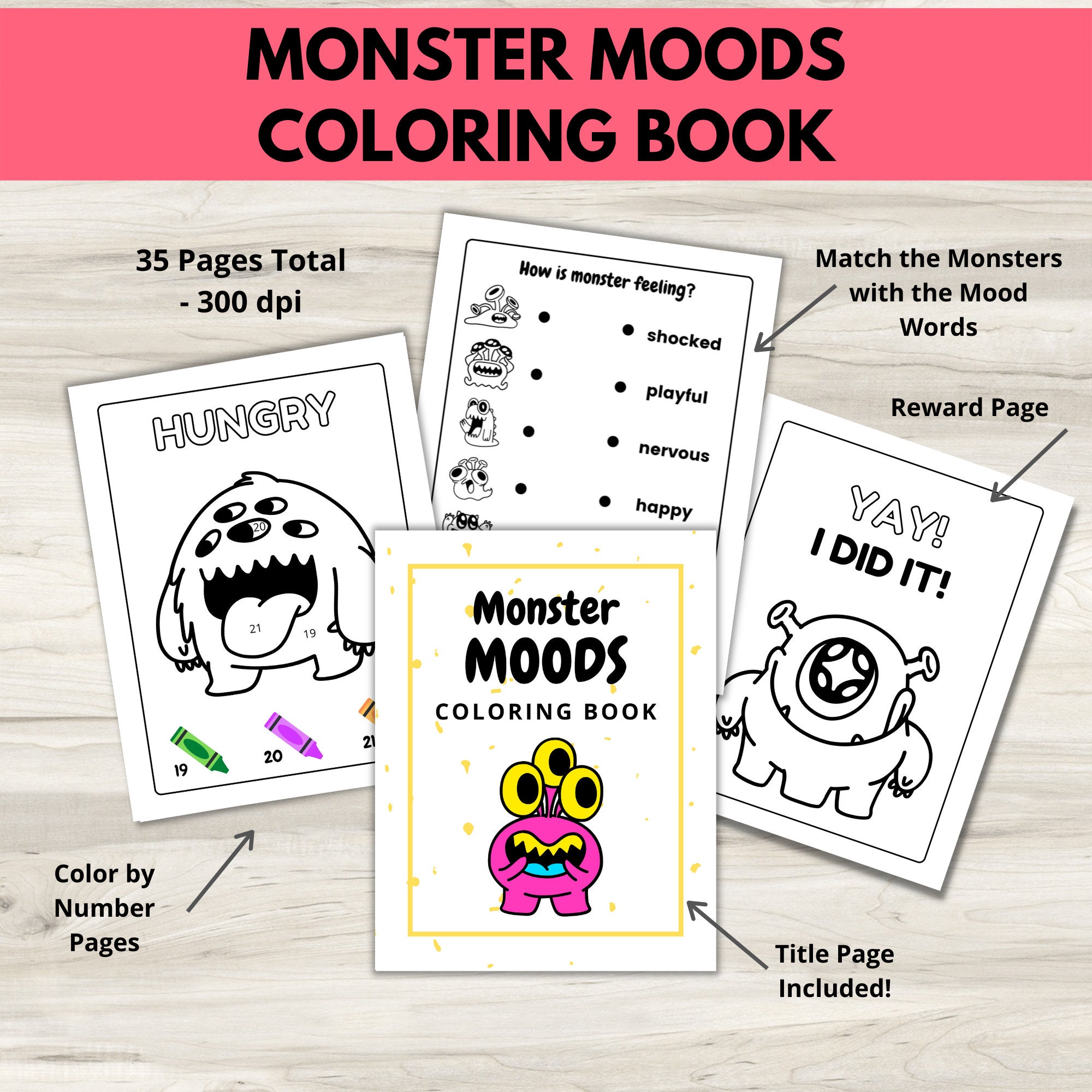 Emotions Coloring Book, Monster Moods Coloring Pages, Kids Mental