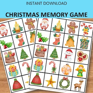 May include: Two printable Christmas Memory Game sheets with festive illustrations. The game features images of Santa Claus, gingerbread men, Christmas trees, and other holiday-themed icons. The text "INSTANT DOWNLOAD" and "CHRISTMAS MEMORY GAME" are displayed at the top.