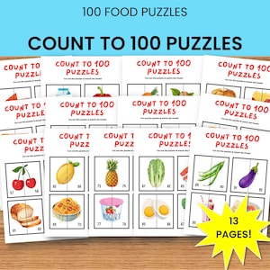 Tarjetas de emparejamiento de números del 1 al 100, conteo consecutivo, emparejar alimentos, imprimible de matemáticas Montessori, actividad para preescolar y jardín de infantes.