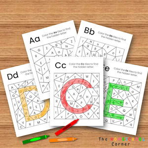 May include: Four printable worksheets for kids to color in the tiles to reveal the hidden letter. The letters are A, B, C, and D. Each worksheet has a different color scheme. The worksheets are titled "Color the Aa tiles to find the hidden letter", "Color the Bb tiles to find the hidden letter", "Color the Cc tiles to find the hidden letter", and "Color the Dd tiles to find the hidden letter".