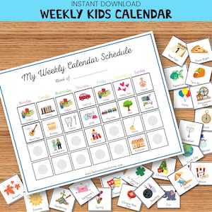 Calendário infantil semanal, programação visual para impressão, calendário perpétuo, resumo da semana, rotina semanal, gráfico de rotina infantil, planejador infantil