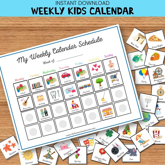 Weekly Kids Calendar Printable Visual Schedule Perpetual - Etsy