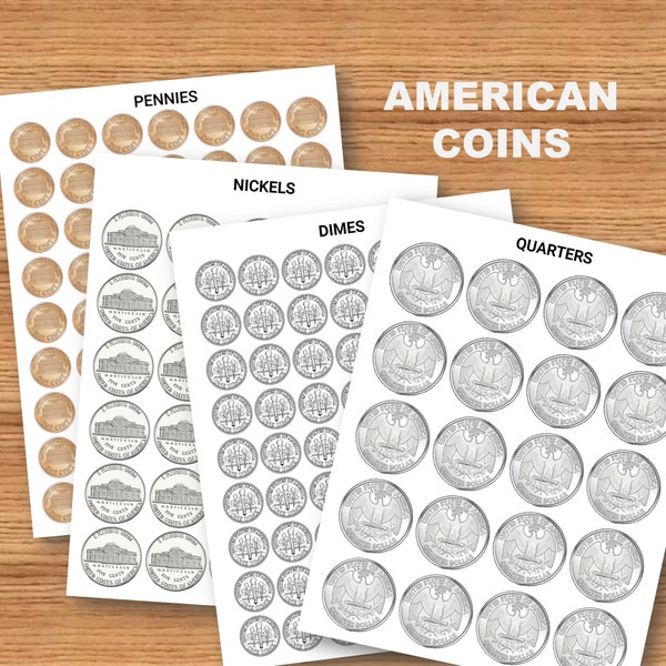 Printable American Coins, US Currency Coins, Play Money Coins, Toy Coins, Fake Cash, Pretend Classroom Money,Birthday Party Money,Tail Sides