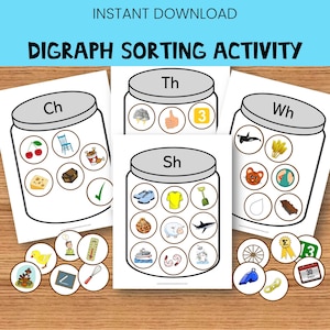 Tarros de actividades para clasificar dígrafos: dígrafos consonánticos iniciales, sonidos sh, ch, th, wh, material imprimible para la enseñanza de inglés como segundo idioma en casa (PDF).