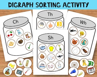 Digraph Sorting Activity Jars: Initial Consonant Digraphs, sh ch th wh Sounds, Homeschool ESL Printable (PDF)