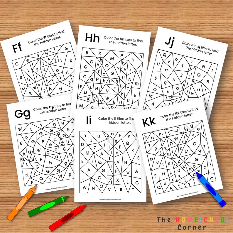 May include: Black and white printable activity sheets for kids to color in the tiles to find the hidden letter. The letters are F, G, H, I, J, and K.