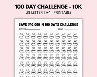 10K Savings Challenge Printable, 100 Day Money Tracker (US Letter, A4)