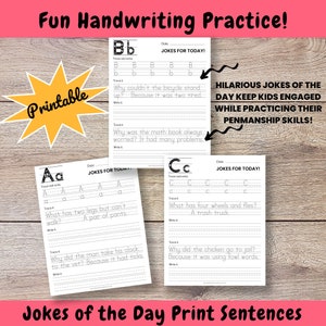 A close-up of three second grade handwriting pages clearly showing the uppercase and lowercase letters featured on each page. Also, includes the two hilarious jokes on each page for penmanship practice.