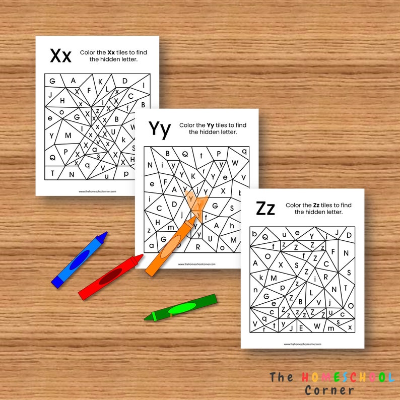 May include: Three printable worksheets for kids to practice letter recognition. Each worksheet features a grid of letters with a hidden letter to find by coloring in the tiles with the correct letter. The first worksheet features the letter X, the second worksheet features the letter Y, and the third worksheet features the letter Z.