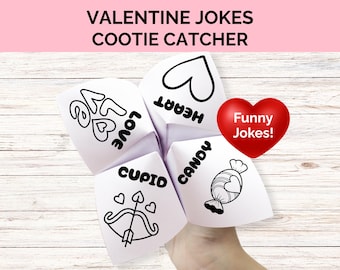 May include: A white Valentine's Day cootie catcher with the words "Valentine Jokes Cootie Catcher" at the top. The cootie catcher has the words "Love", "Heart", "Candy", and "Cupid" printed on it. A red heart with the words "Funny Jokes!" is also in the image.