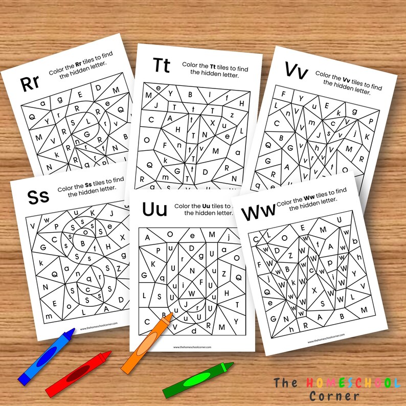 May include: Black and white printable activity sheets for kids to color in the tiles to find the hidden letter. The letters are R, T, V, S, U, and W.