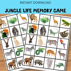 Jungle Life Memory Game dla dzieci, dopasowywanie obrazków, aktywność Jungle Animals, materiały do druku Montessori, fiszki Zoo Animals, gry poznawcze